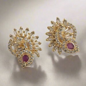 Gold Plated American Diamond Studded Floral Stud Earrings for Women | Garimas