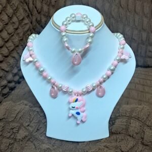Baby Pink Pearl Beaded Unicorn Necklace and Bracelet Set for Girls | GARIMAS