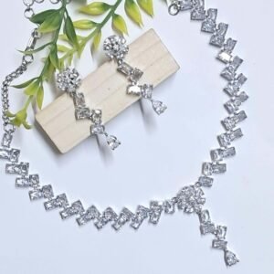 Silver Plated American Diamond Necklace Sets With White Stone - Garimas