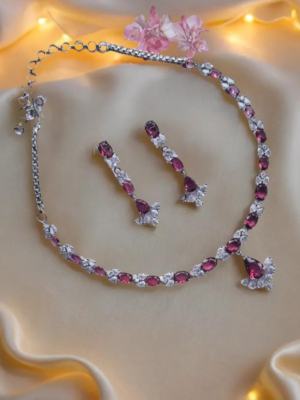 Silver Plated American Diamond Necklace Sets With Pink Stone - Garimas