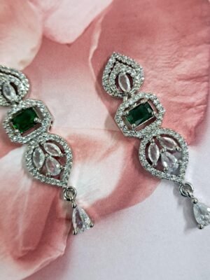 Green Stone with American Diamond Drop Earring - Garimas