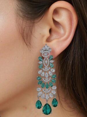Aqua Green American Diamond Studded Crystal Brass Drops & Danglers - Garimas
