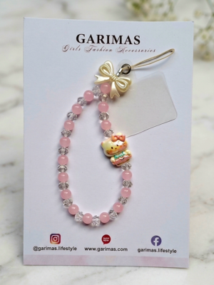 Hello Kitty mobile charm features a pink and crystal  beaded wrist strap adorned with an bow