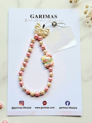 Hello Kitty mobile charm features a glossy beaded wrist strap adorned with an iridescent bow