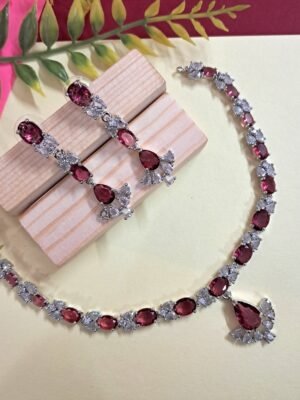 Silver Plated American Diamond Necklace Sets With Pink Stone - Garimas