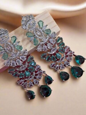 Aqua Green American Diamond Studded Crystal Brass Drops & Danglers - Garimas