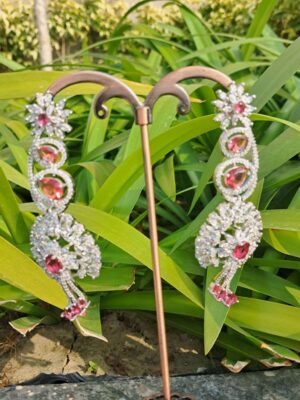 Pink American Diamond Studded Crystal Brass Drops & Danglers - Garimas