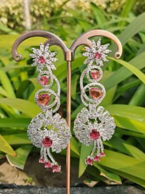 Pink American Diamond Studded Crystal Brass Drops & Danglers - Garimas