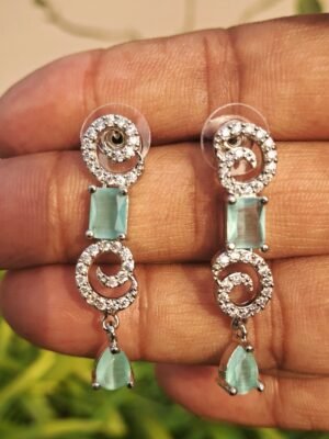 Silver Plated American Diamond Necklace Sets With Aqua Green Stone - Garimas