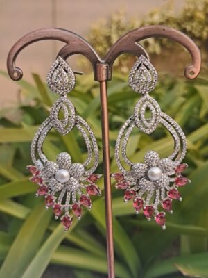 Pink American Diamond Studded Crystal Brass Drops & Danglers - Garimas