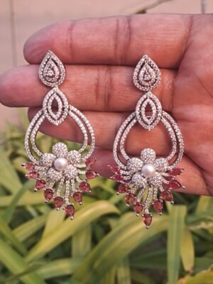 Pink American Diamond Studded Crystal Brass Drops & Danglers - Garimas