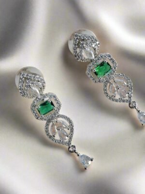 Green Stone with American Diamond Drop Earring - Garimas