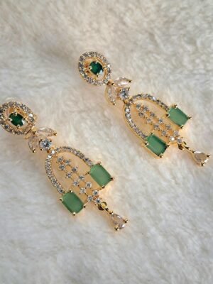 Gold Plated Green Stone with American Diamond Earring - Garimas