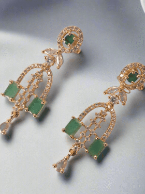 Gold Plated Green Stone with American Diamond Earring - Garimas