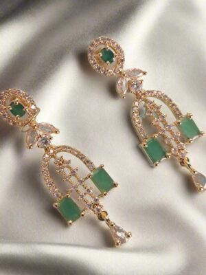 Gold Plated Green Stone with American Diamond Earring - Garimas