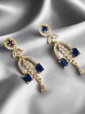 Gold Plated Blue Stone with American Diamond Earring - Garimas