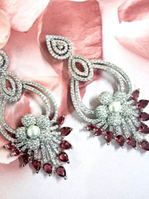 Pink American Diamond Studded Crystal Brass Drops & Danglers - Garimas