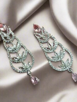 Aqua Pink Stone with American Diamond Earring - Garimas
