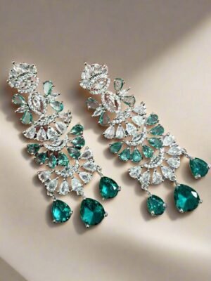 Aqua Green American Diamond Studded Crystal Brass Drops & Danglers - Garimas