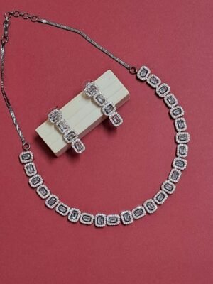 Black Rose Gold Plated American Diamond Necklace Sets With White Stone - Garimas