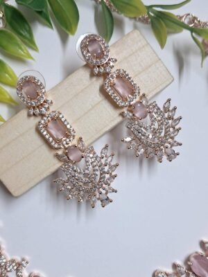 Rose Gold Plated American Diamond Necklace Sets With Pink Stone - Garimas