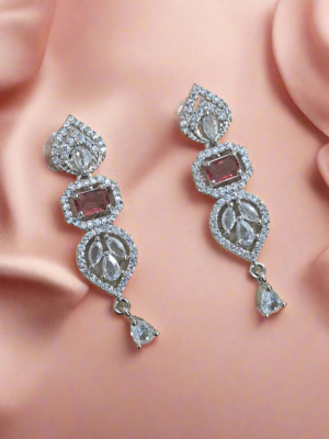 Pink Stone with American Diamond Drop Earring |  Garimas