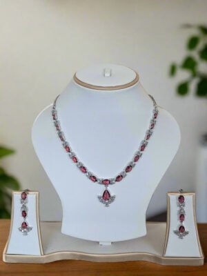 Silver Plated American Diamond Necklace Sets With Pink Stone | Garimas Lifestyle