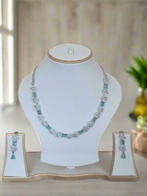 Silver Plated American Diamond Necklace Sets With Aqua Green Stone | Garimas Lifestyle