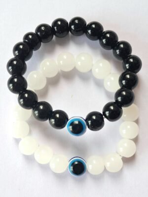 Evil Eye Black and White Glass Beads Bracelet , Stretchable Nazariya Charms  2 Pieces |  Garimas