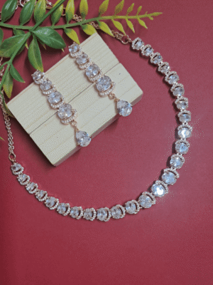 Rose Gold Plated American Diamond Necklace Sets With White Stone - Garimas