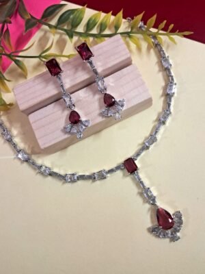Silver Plated American Diamond Necklace Sets With Pink Stone - Garimas
