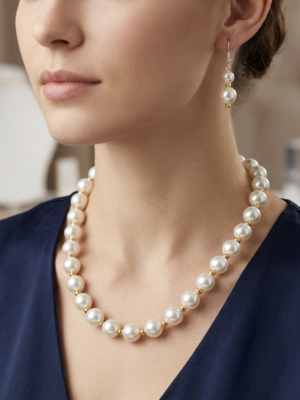Necklace Set with Pearls and Golden Metallic Beads with Earring