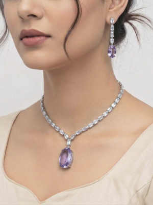 Silver Plated Aqua Purple Stone American Diamond Necklace Sets
