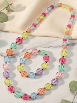 Colorful beaded necklace on a white background
