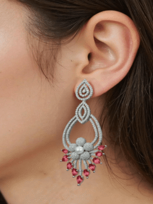 Pink American Diamond Studded Crystal Brass Drops & Danglers - Garimas