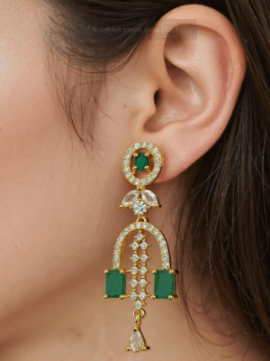 Gold Plated Green Stone with American Diamond Earring - Garimas