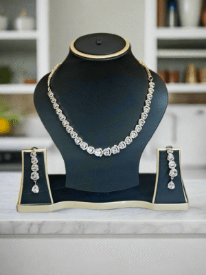 Rose Gold Plated  American Diamond Necklace Sets With White Stone |  Garimas