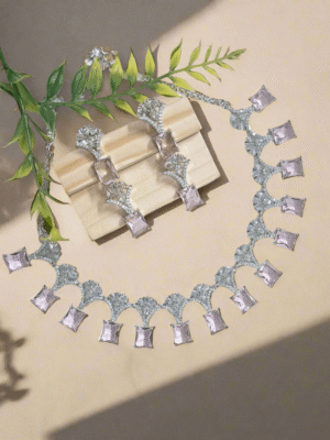 Silver Plated American Diamond Necklace Sets With Aqua Pink Stone - Garimas