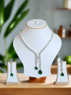 Silver Plated American Diamond Necklace Sets With Green Stone |  Garimas
