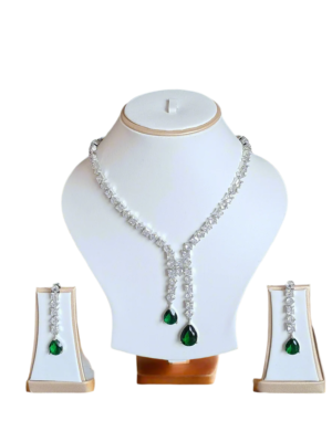 Silver Plated American Diamond Necklace Sets With Green Stone |  Garimas