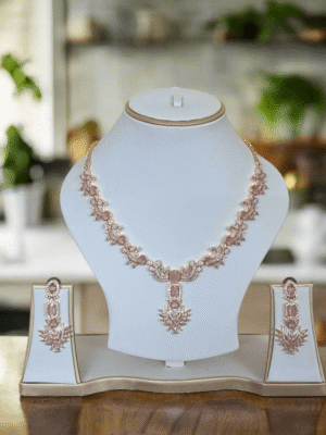 Rose Gold Plated  American Diamond Necklace Sets With Pink Stone |  Garimas