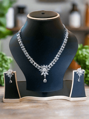 Silver Plated Aqua Pink Stone American Diamond Necklace Sets |  Garimas