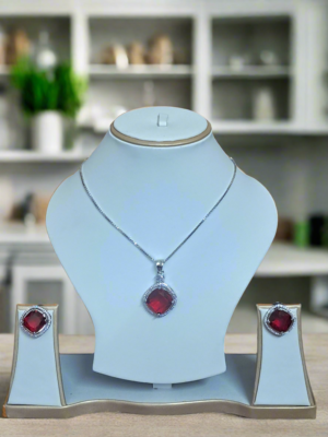 Rhodium-Plated Ruby & CZ Studded Pendant Necklace Set |  Garimas