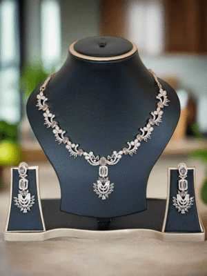 Rose Gold Plated  American Diamond Necklace Sets With Pink Stone |  Garimas