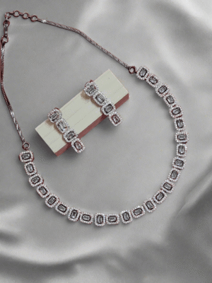 Black Rose Gold Plated American Diamond Necklace Sets With White Stone - Garimas