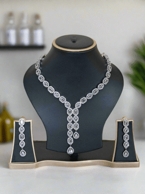 Silver Plated  American Diamond Necklace Sets With White Stone |  Garimas