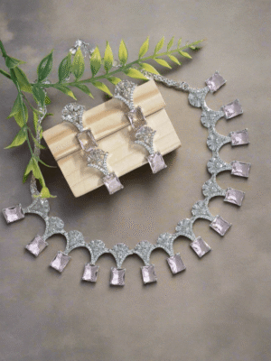 Silver Plated American Diamond Necklace Sets With Aqua Pink Stone - Garimas