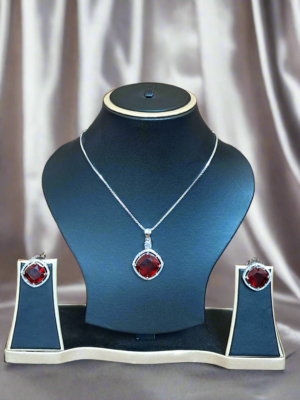 Rhodium-Plated Ruby & CZ Studded Pendant Necklace Set |  Garimas