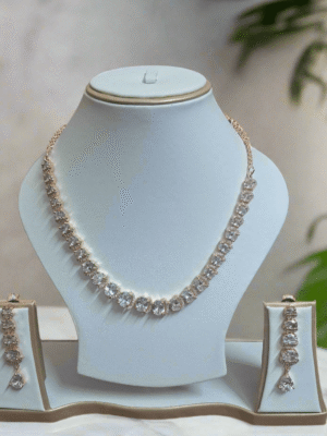 Rose Gold Plated  American Diamond Necklace Sets With White Stone |  Garimas