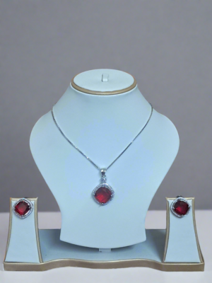 Rhodium-Plated Ruby & CZ Studded Pendant Necklace Set |  Garimas